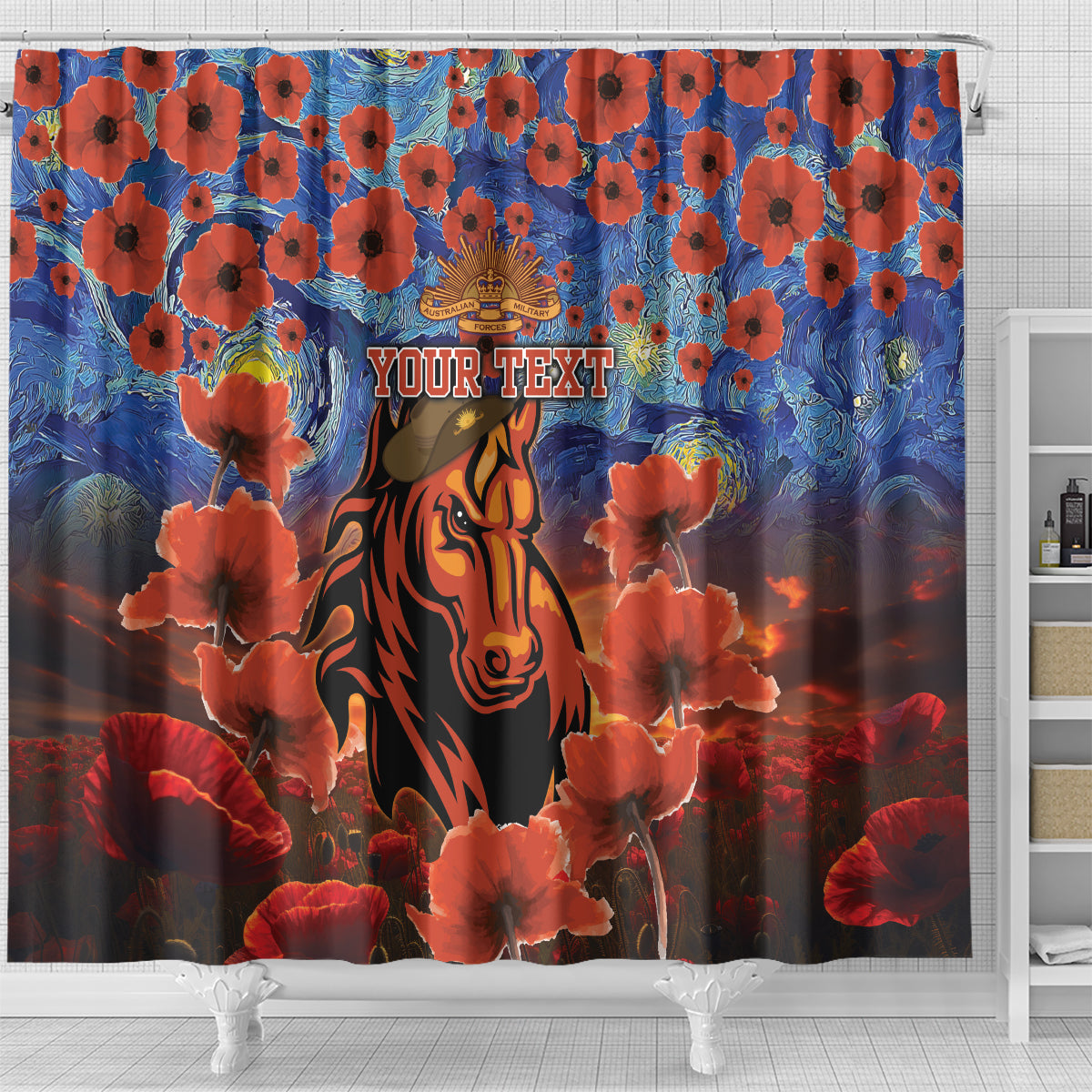 Personalised Broncos Rugby ANZAC Shower Curtain Starry Night and Field of Poppies