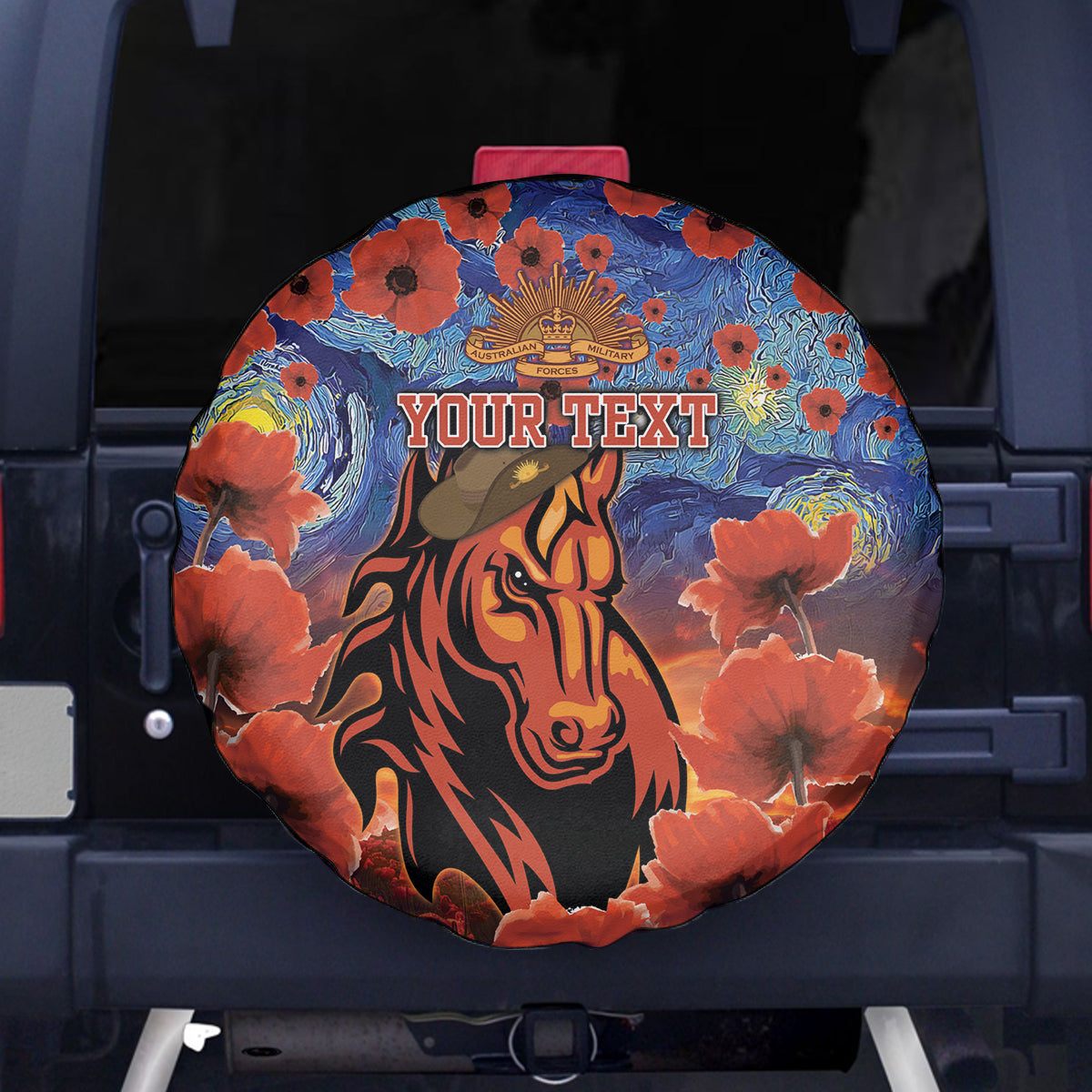 Personalised Broncos Rugby ANZAC Spare Tire Cover Starry Night and Field of Poppies