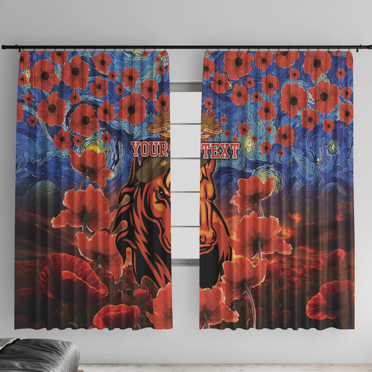 Personalised Broncos Rugby ANZAC Window Curtain Starry Night and Field of Poppies