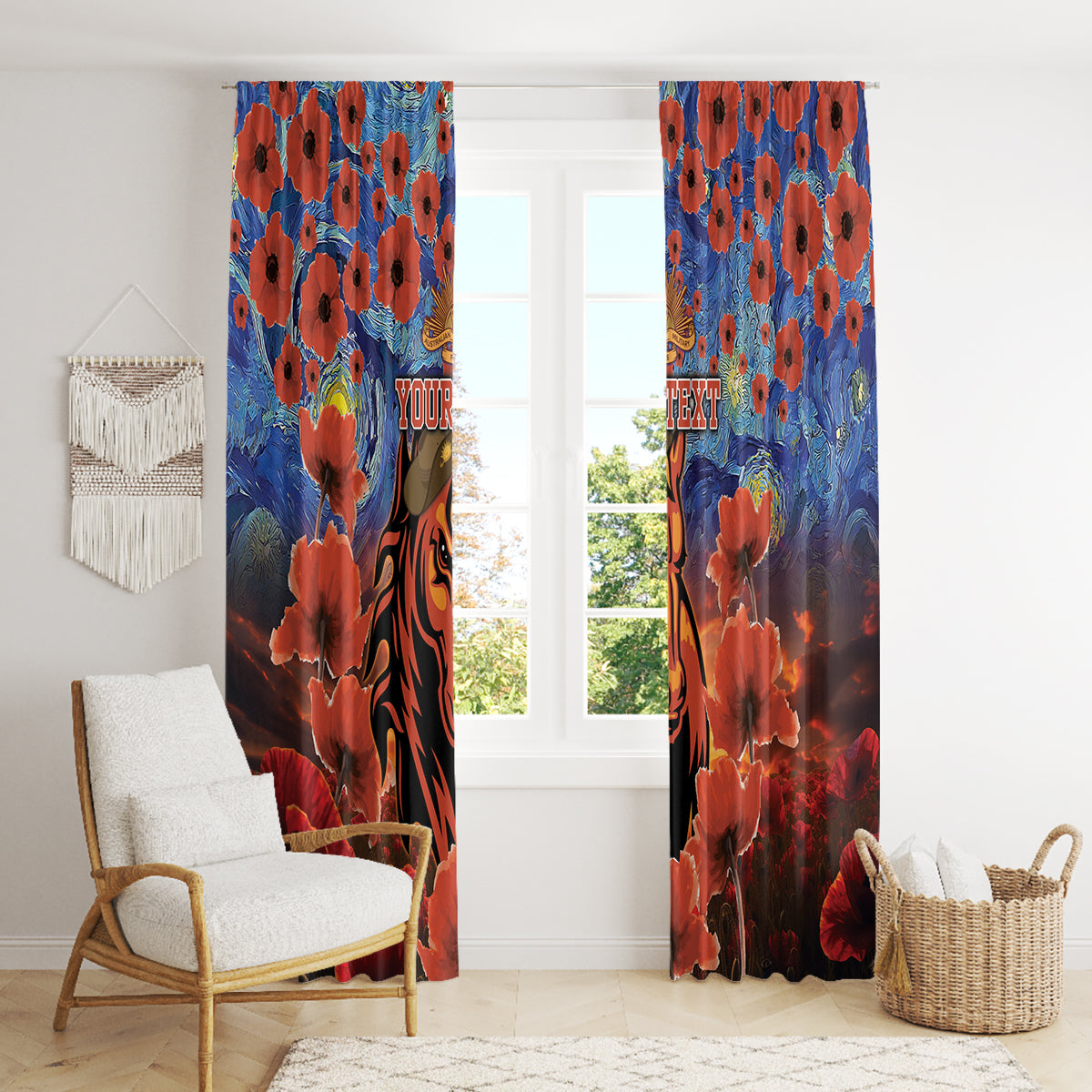 Personalised Broncos Rugby ANZAC Window Curtain Starry Night and Field of Poppies