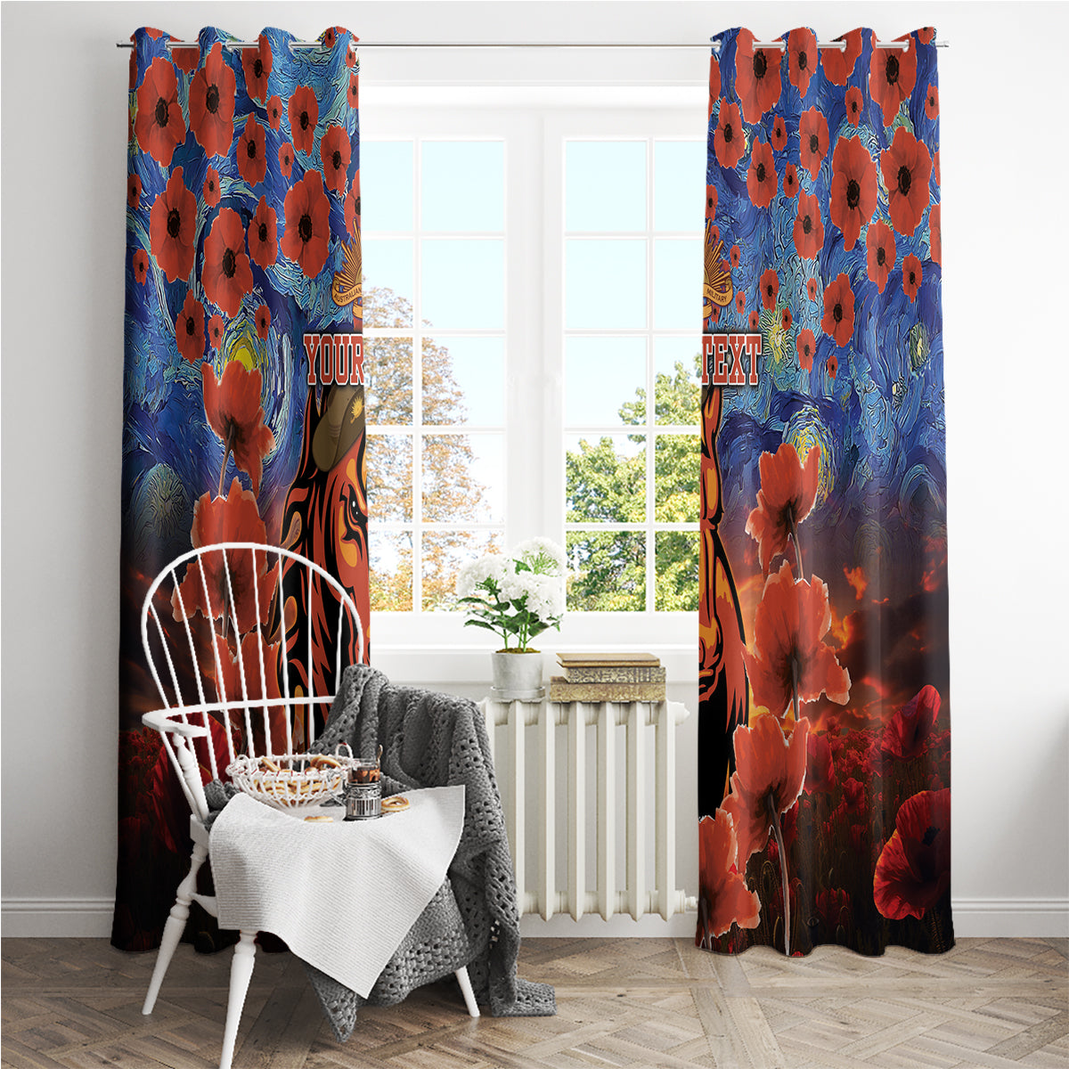 Personalised Broncos Rugby ANZAC Window Curtain Starry Night and Field of Poppies