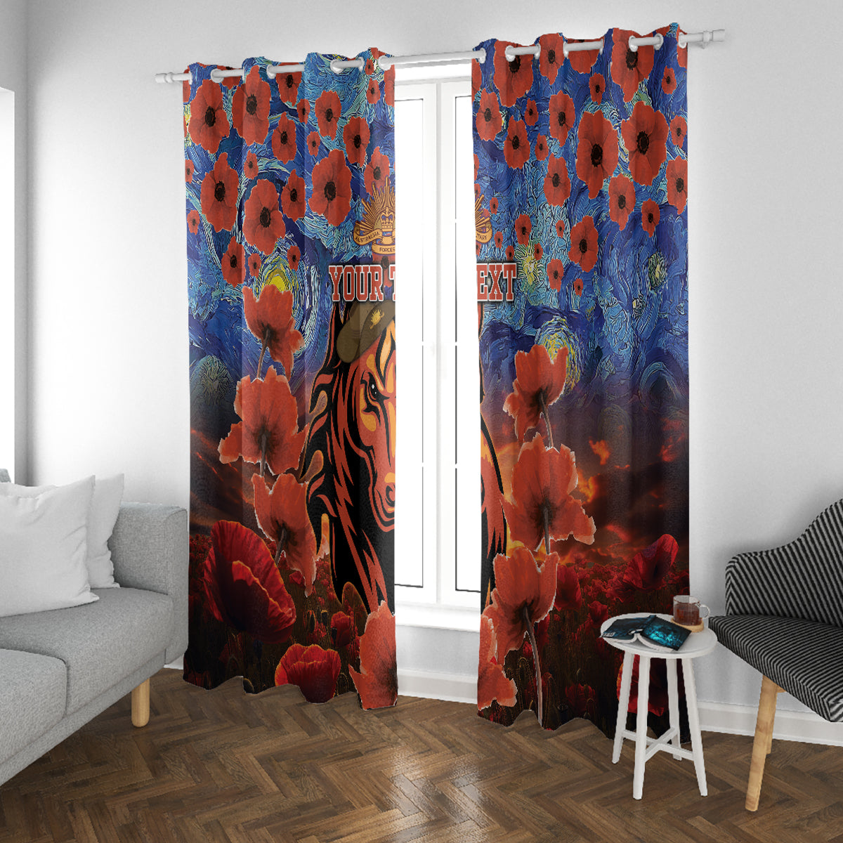 Personalised Broncos Rugby ANZAC Window Curtain Starry Night and Field of Poppies