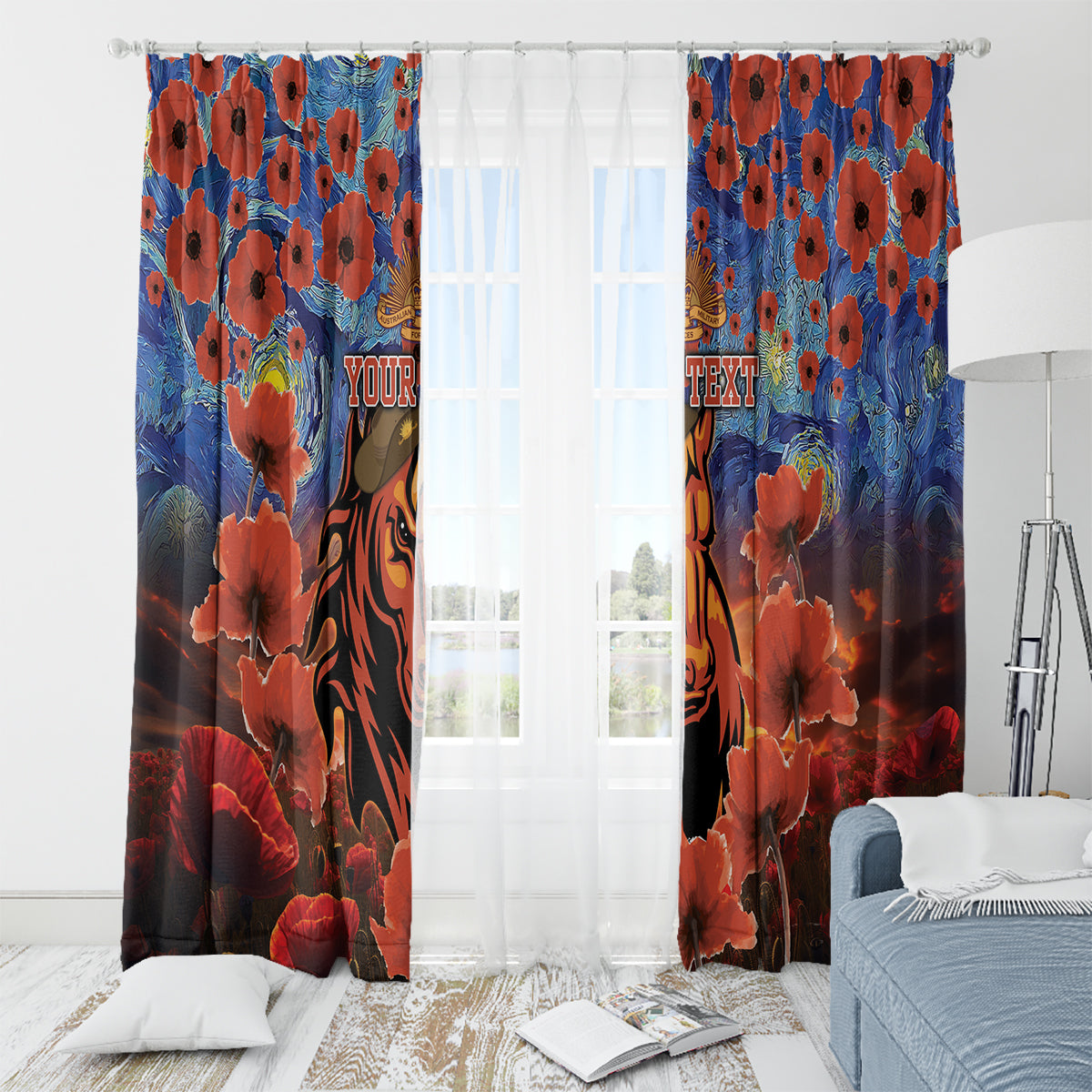 Personalised Broncos Rugby ANZAC Window Curtain Starry Night and Field of Poppies