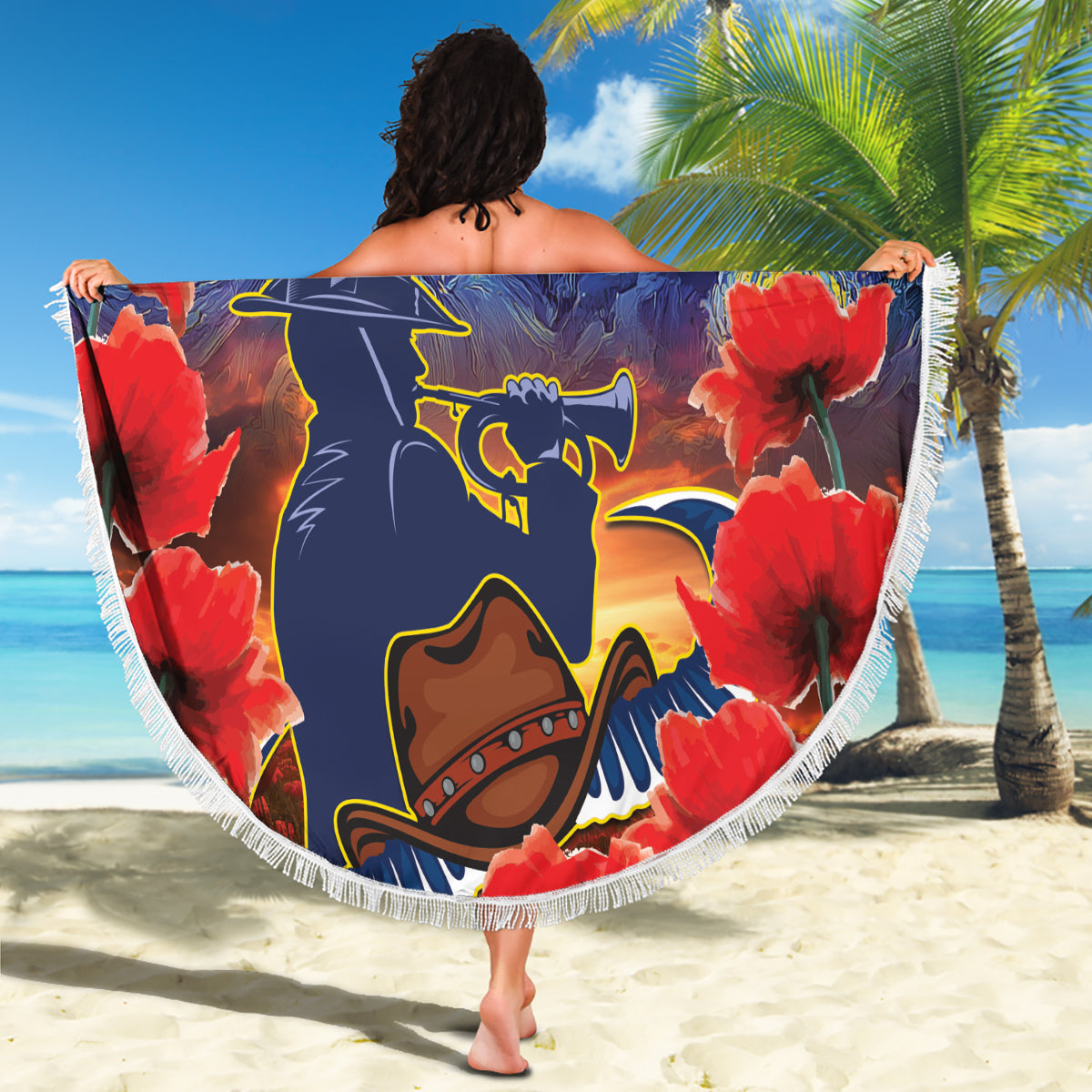 Personalised Cowboys Rugby ANZAC Beach Blanket Starry Night and Field of Poppies