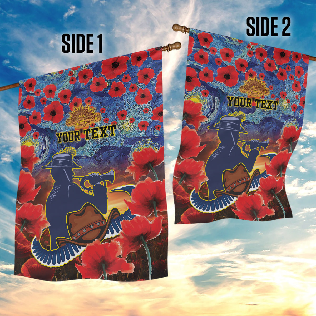 Personalised Cowboys Rugby ANZAC Garden Flag Starry Night and Field of Poppies