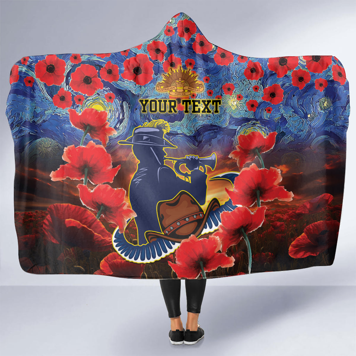 Personalised Cowboys Rugby ANZAC Hooded Blanket Starry Night and Field of Poppies