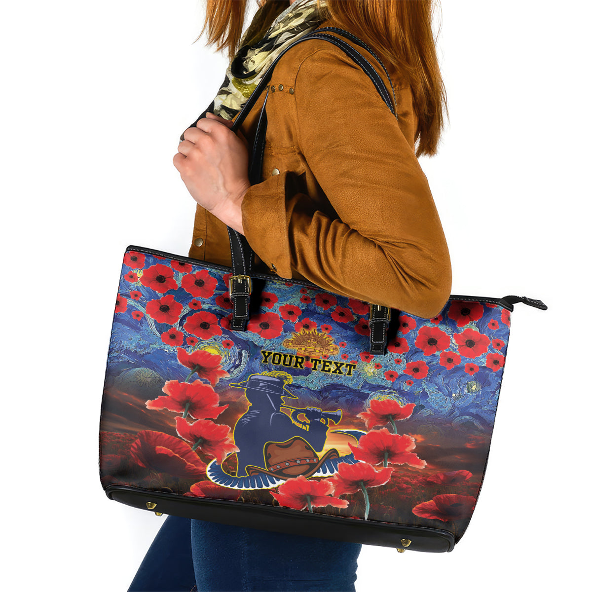 Personalised Cowboys Rugby ANZAC Leather Tote Bag Starry Night and Field of Poppies