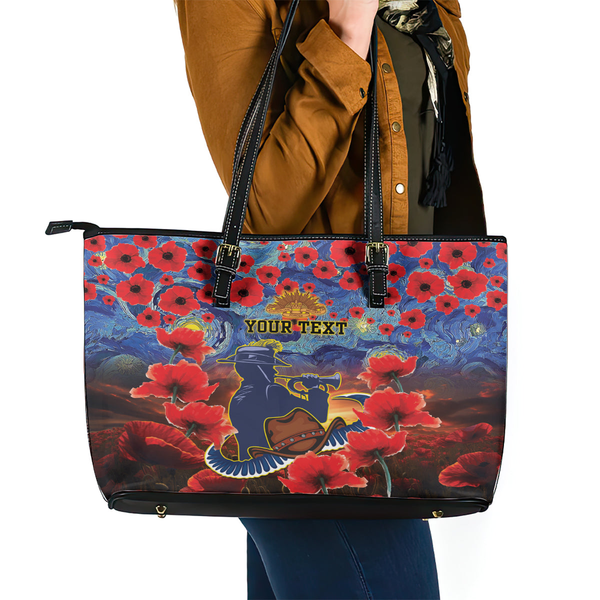 Personalised Cowboys Rugby ANZAC Leather Tote Bag Starry Night and Field of Poppies