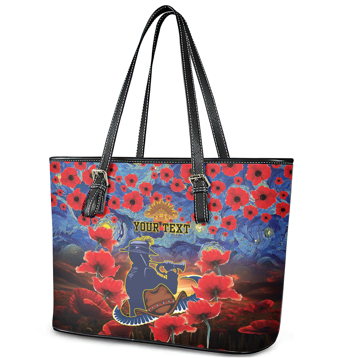 Personalised Cowboys Rugby ANZAC Leather Tote Bag Starry Night and Field of Poppies