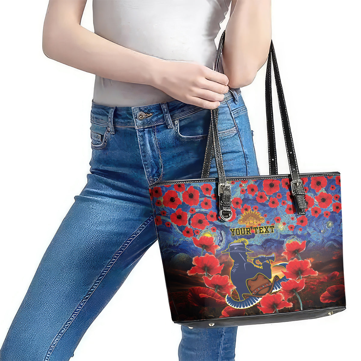 Personalised Cowboys Rugby ANZAC Leather Tote Bag Starry Night and Field of Poppies