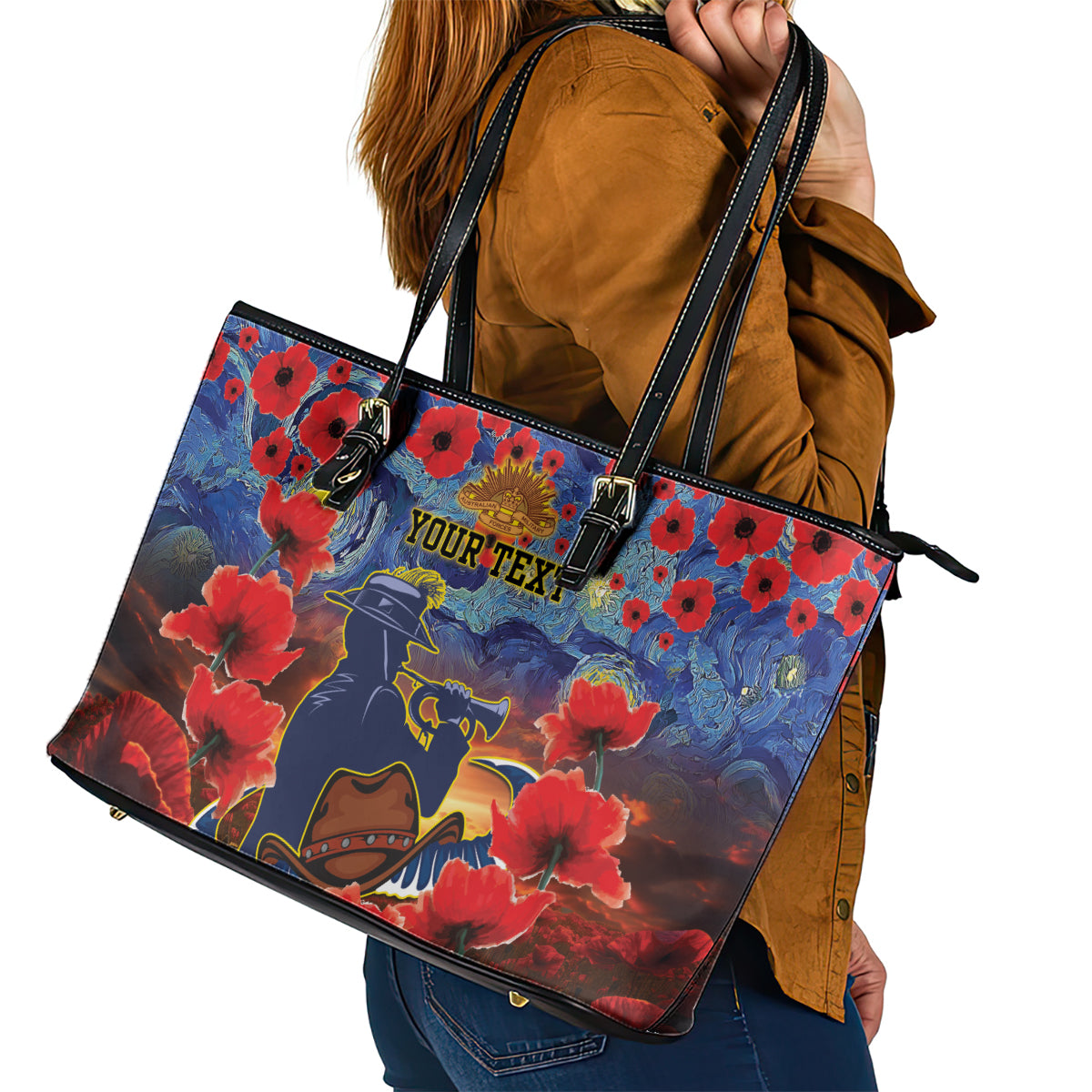 Personalised Cowboys Rugby ANZAC Leather Tote Bag Starry Night and Field of Poppies