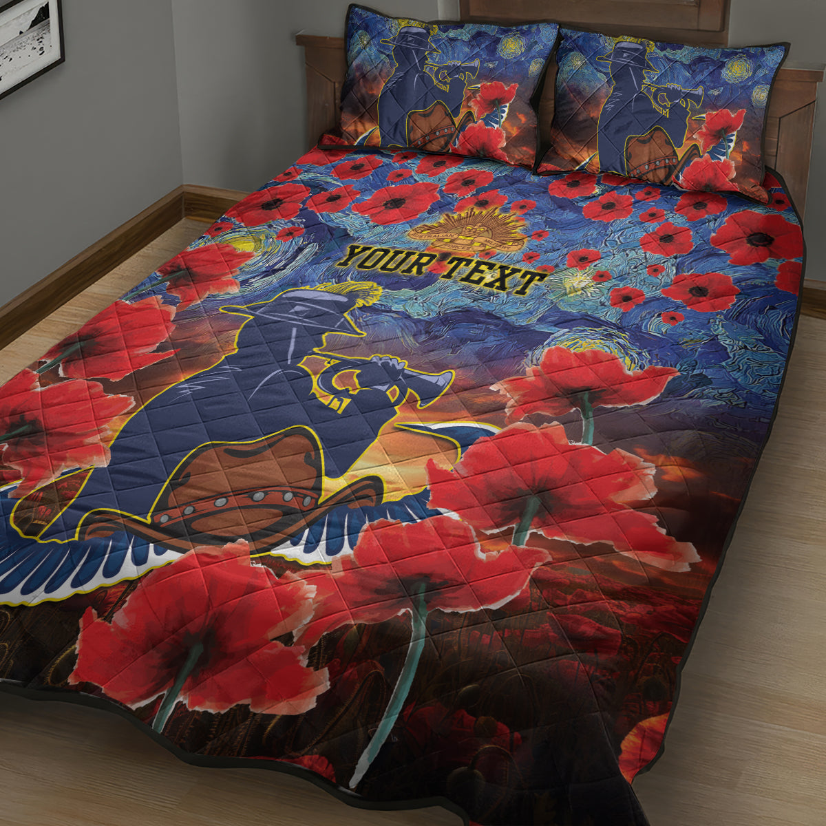 Personalised Cowboys Rugby ANZAC Quilt Bed Set Starry Night and Field of Poppies