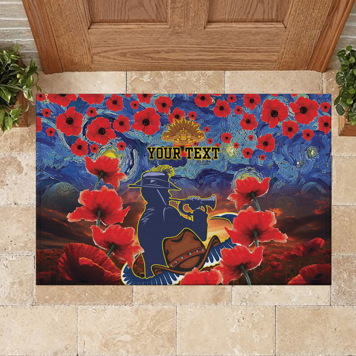 Personalised Cowboys Rugby ANZAC Rubber Doormat Starry Night and Field of Poppies