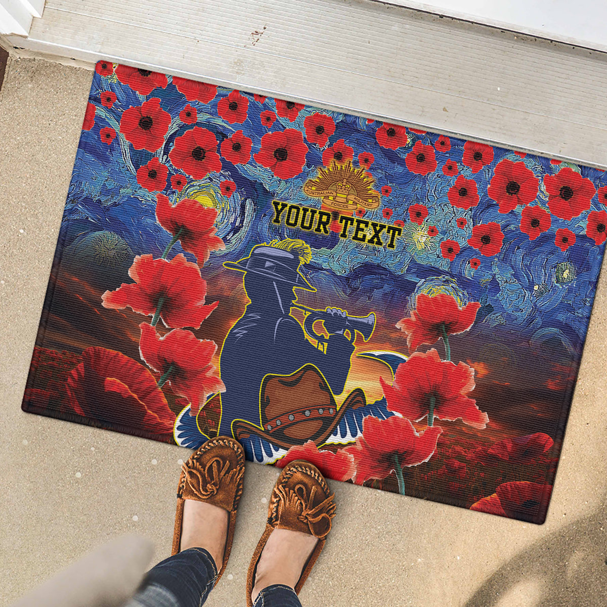 Personalised Cowboys Rugby ANZAC Rubber Doormat Starry Night and Field of Poppies