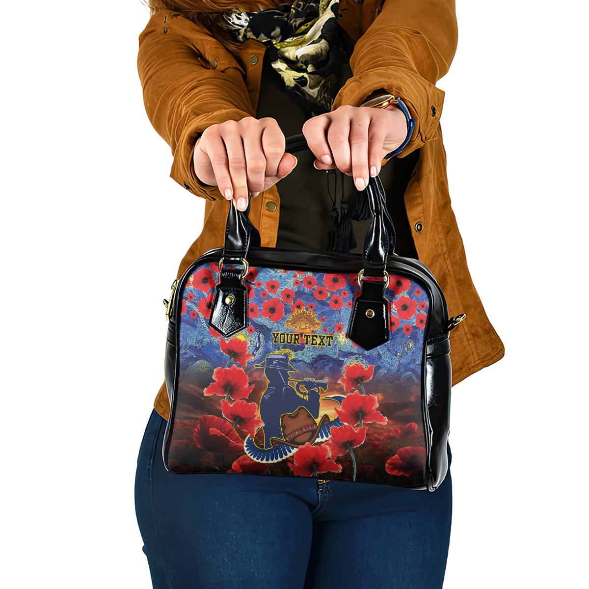 Personalised Cowboys Rugby ANZAC Shoulder Handbag Starry Night and Field of Poppies