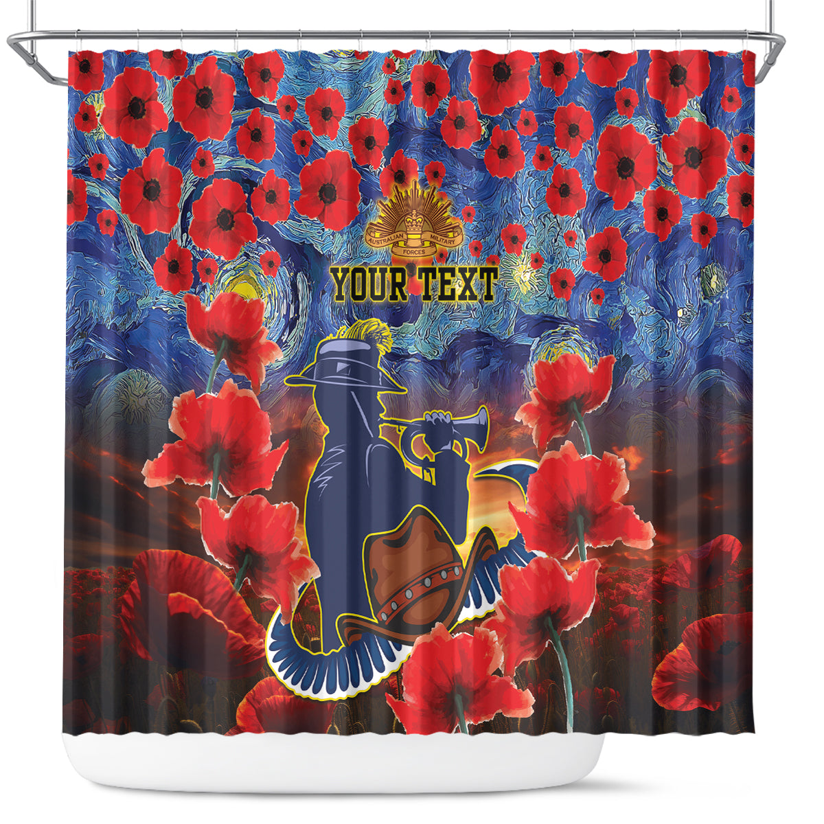 Personalised Cowboys Rugby ANZAC Shower Curtain Starry Night and Field of Poppies