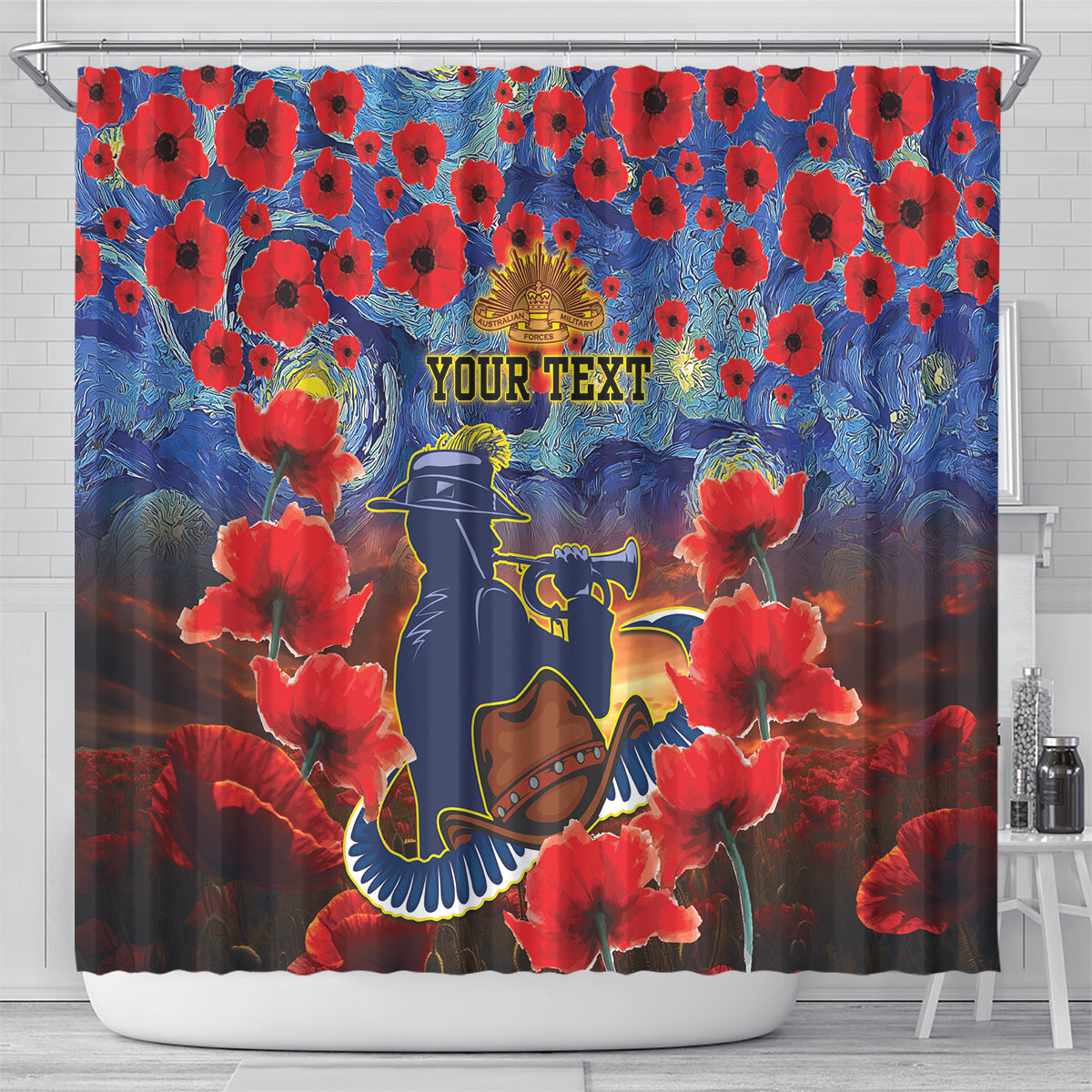 Personalised Cowboys Rugby ANZAC Shower Curtain Starry Night and Field of Poppies