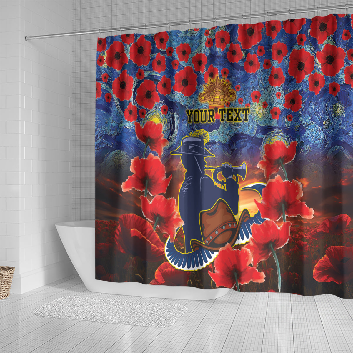 Personalised Cowboys Rugby ANZAC Shower Curtain Starry Night and Field of Poppies