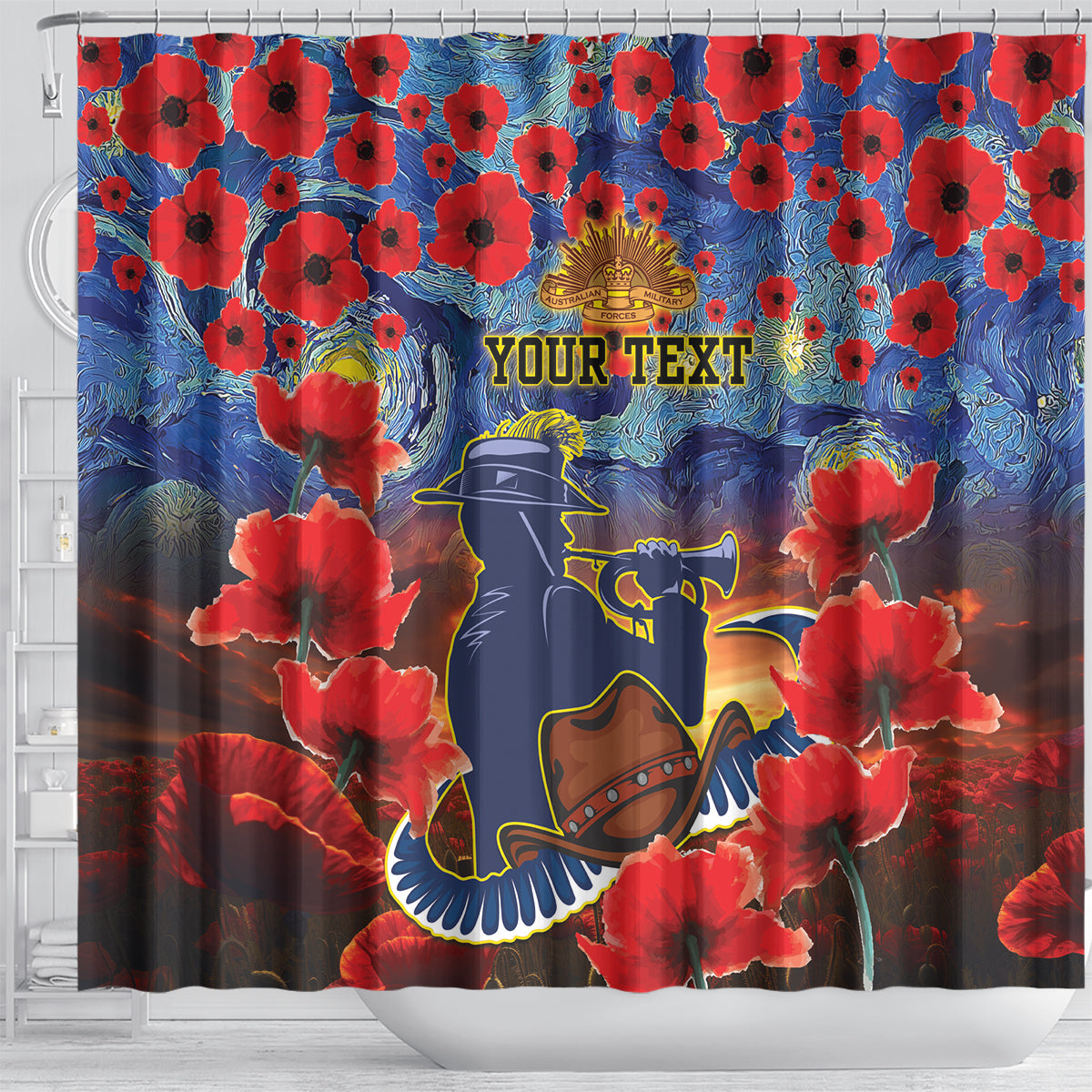 Personalised Cowboys Rugby ANZAC Shower Curtain Starry Night and Field of Poppies