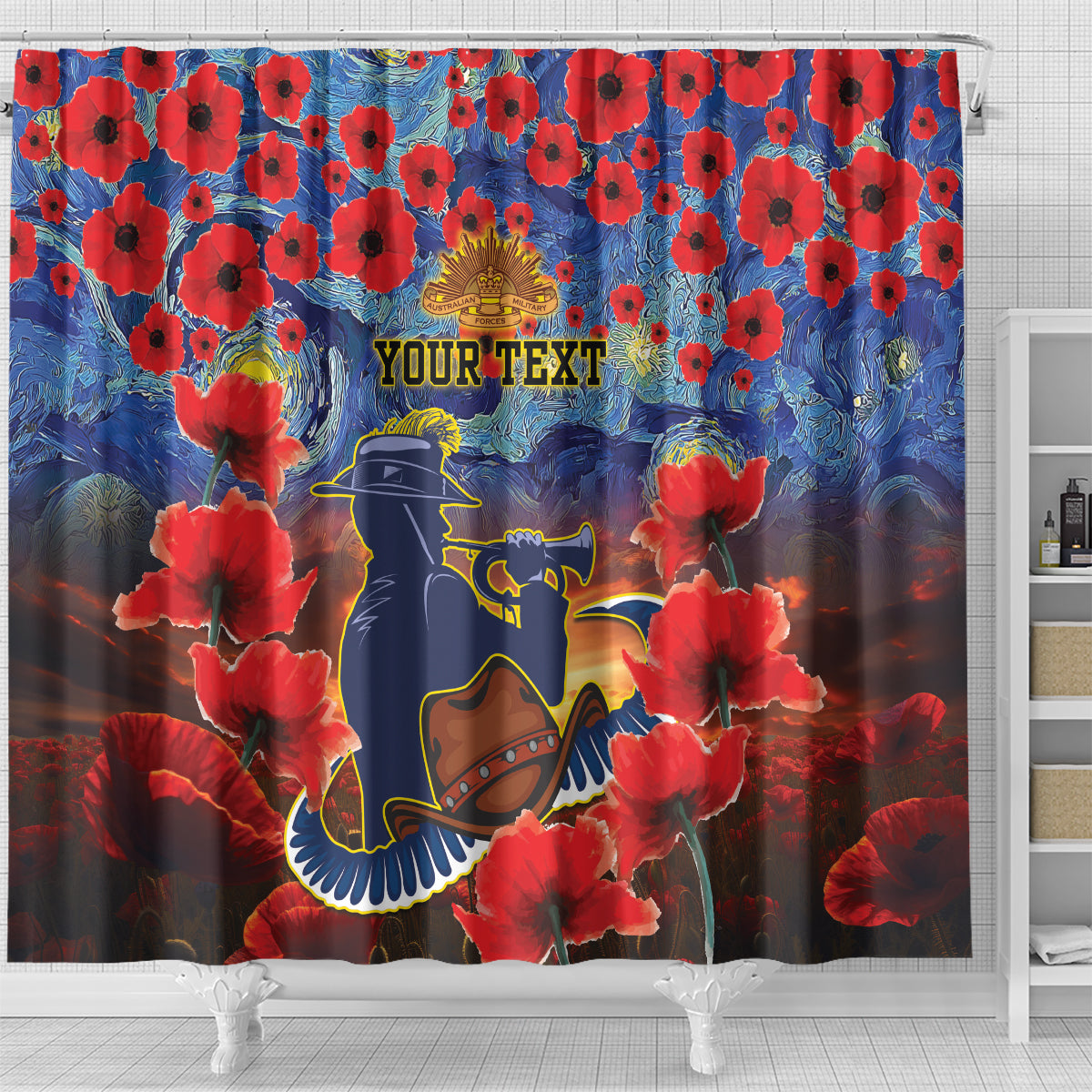 Personalised Cowboys Rugby ANZAC Shower Curtain Starry Night and Field of Poppies