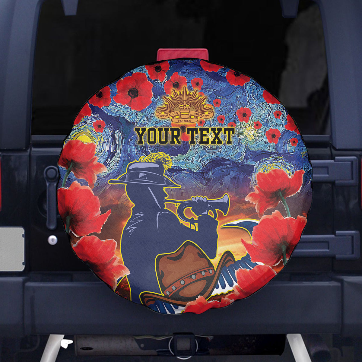 Personalised Cowboys Rugby ANZAC Spare Tire Cover Starry Night and Field of Poppies