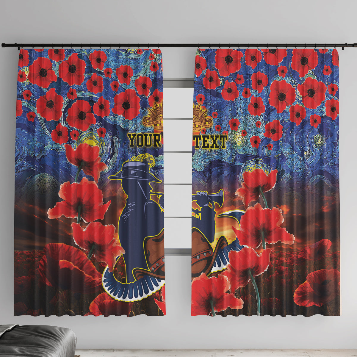 Personalised Cowboys Rugby ANZAC Window Curtain Starry Night and Field of Poppies