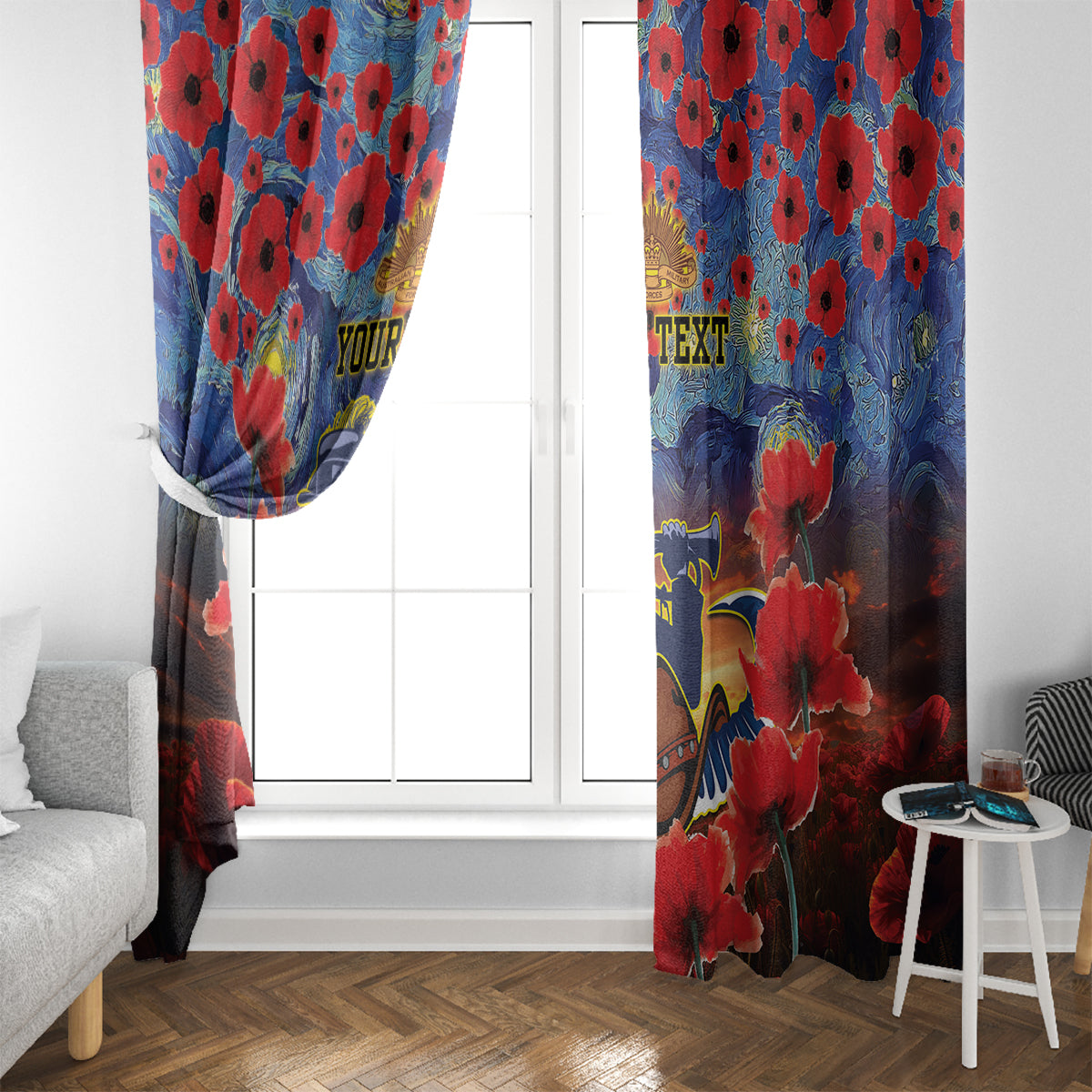 Personalised Cowboys Rugby ANZAC Window Curtain Starry Night and Field of Poppies