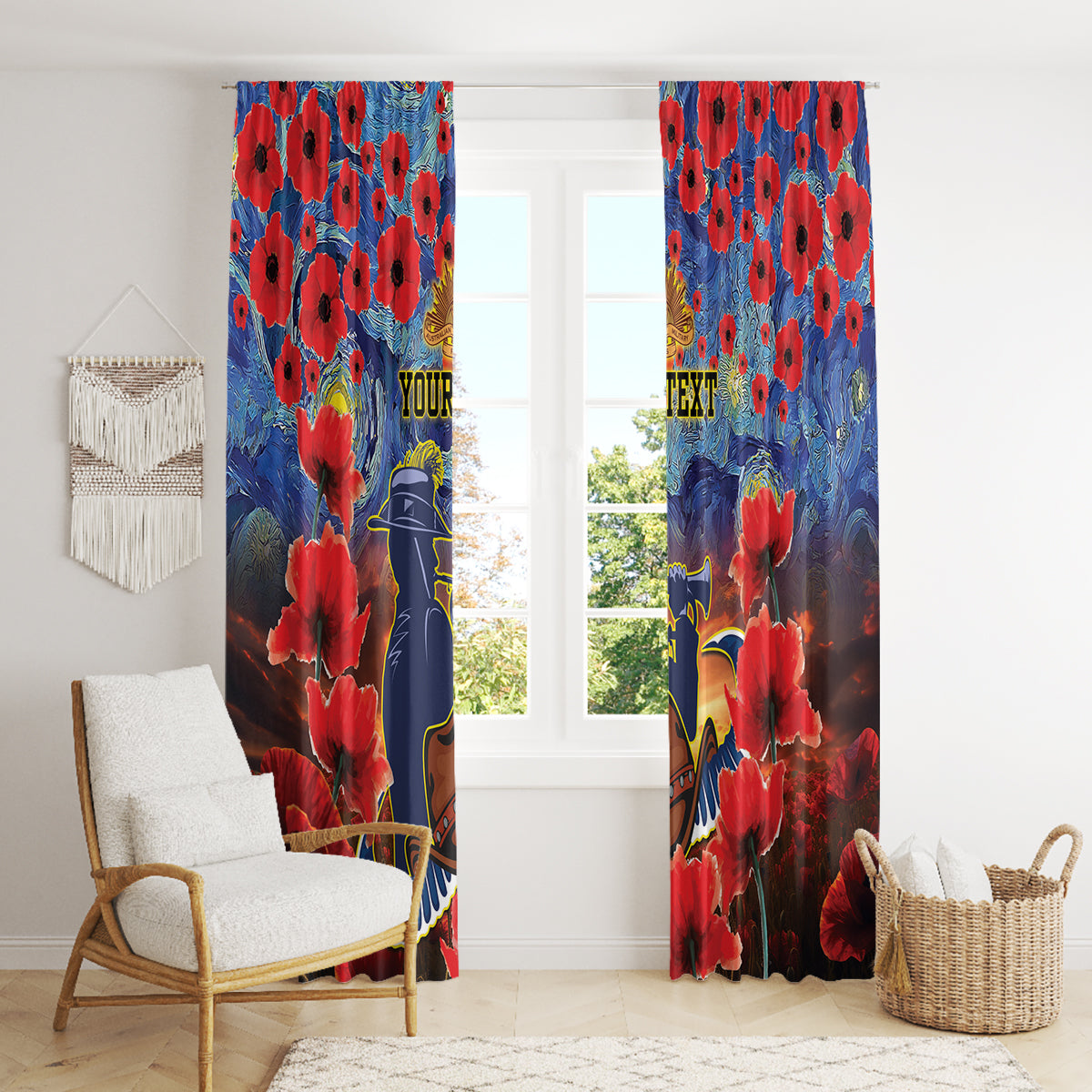 Personalised Cowboys Rugby ANZAC Window Curtain Starry Night and Field of Poppies