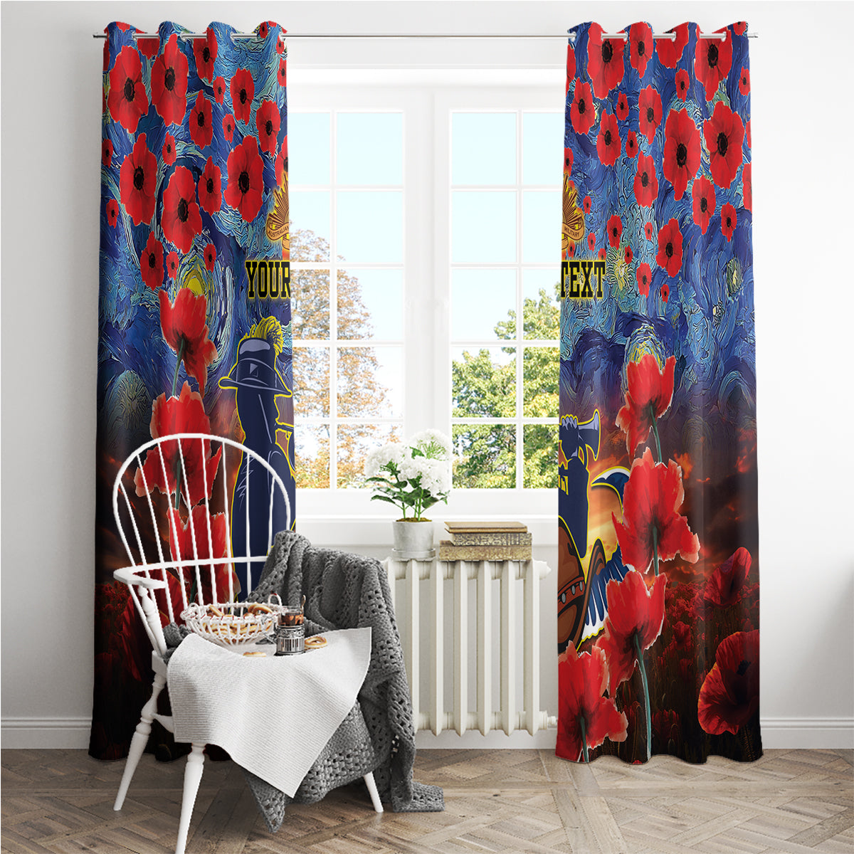 Personalised Cowboys Rugby ANZAC Window Curtain Starry Night and Field of Poppies