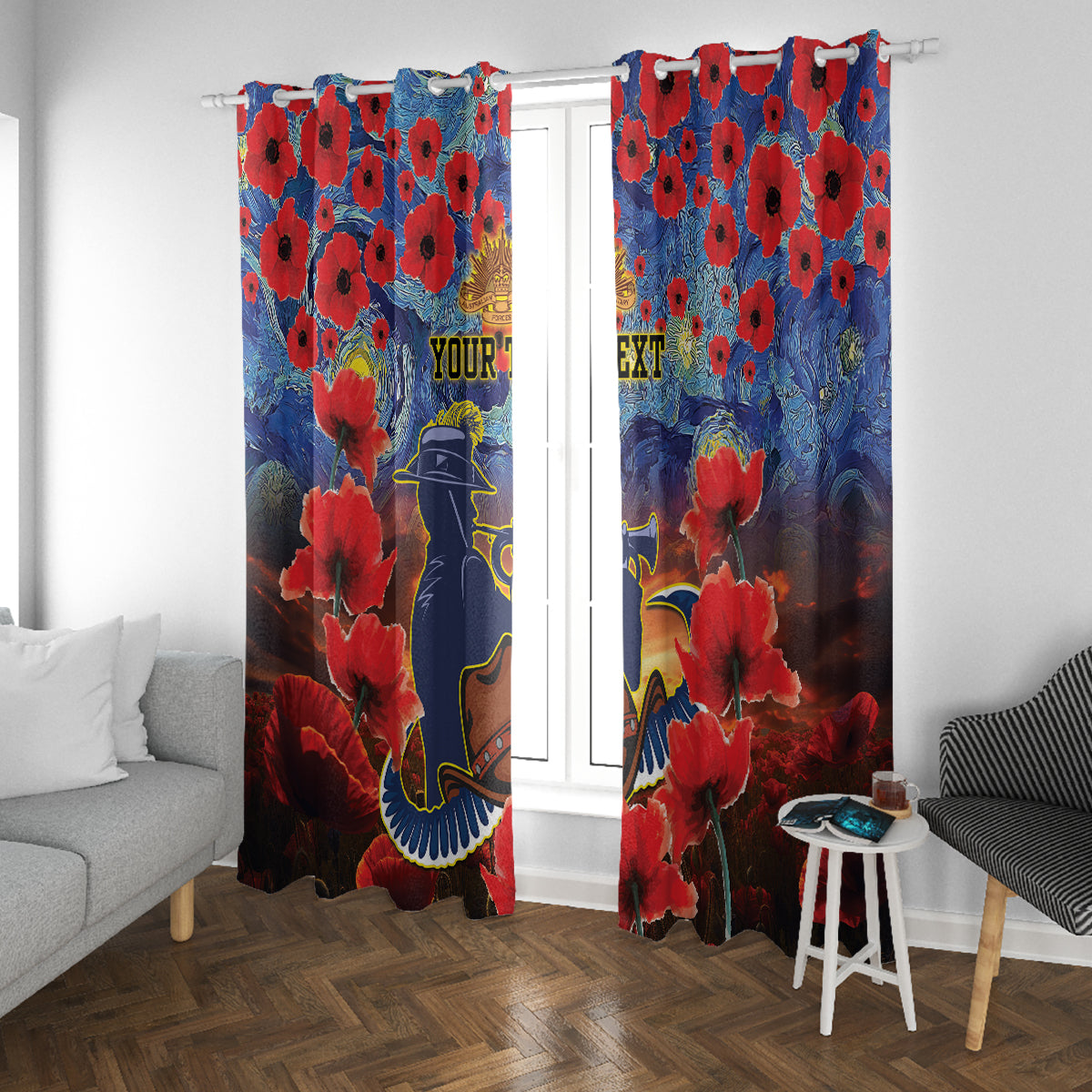 Personalised Cowboys Rugby ANZAC Window Curtain Starry Night and Field of Poppies