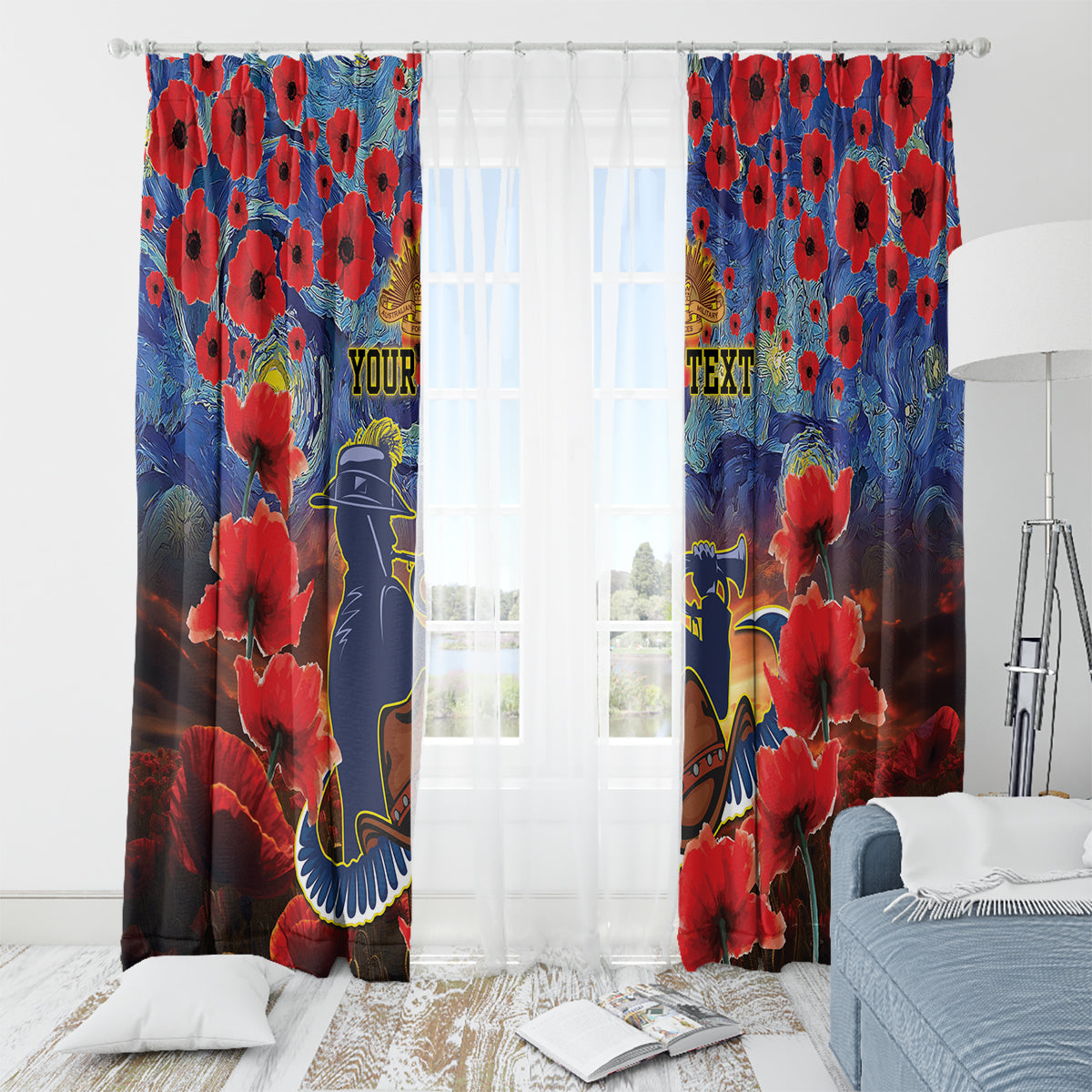 Personalised Cowboys Rugby ANZAC Window Curtain Starry Night and Field of Poppies