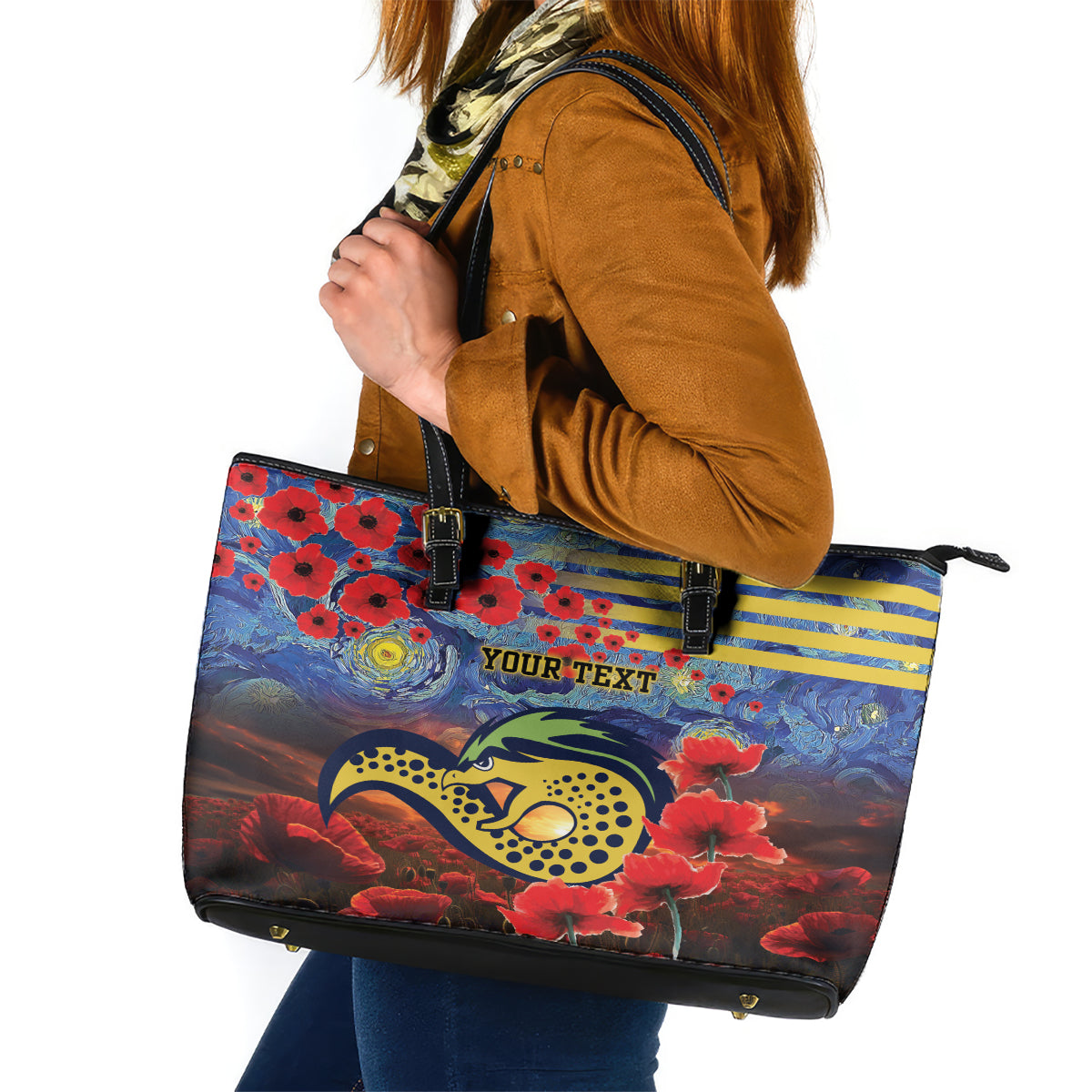 Personalised Eels Rugby ANZAC Leather Tote Bag Starry Night and Field of Poppies