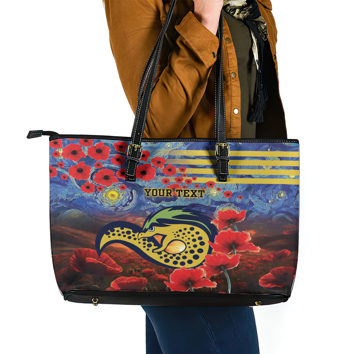 Personalised Eels Rugby ANZAC Leather Tote Bag Starry Night and Field of Poppies