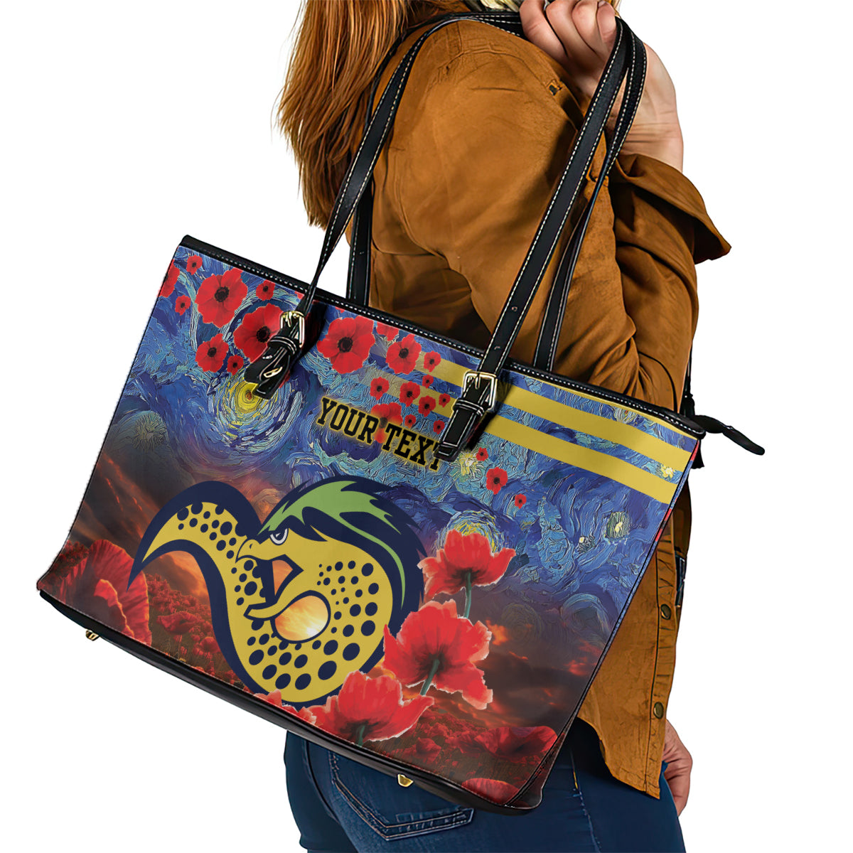 Personalised Eels Rugby ANZAC Leather Tote Bag Starry Night and Field of Poppies