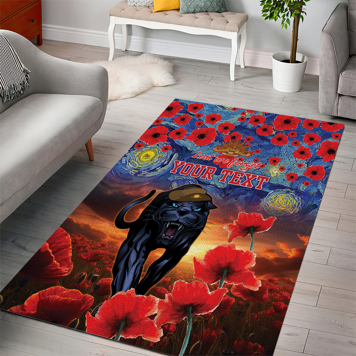 Personalised Panthers Rugby ANZAC Area Rug Starry Night and Field of Poppies