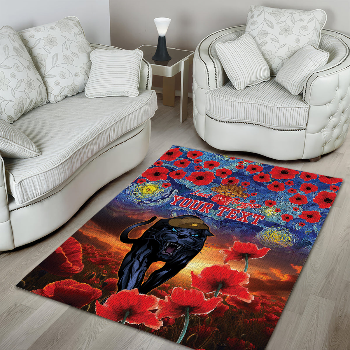 Personalised Panthers Rugby ANZAC Area Rug Starry Night and Field of Poppies