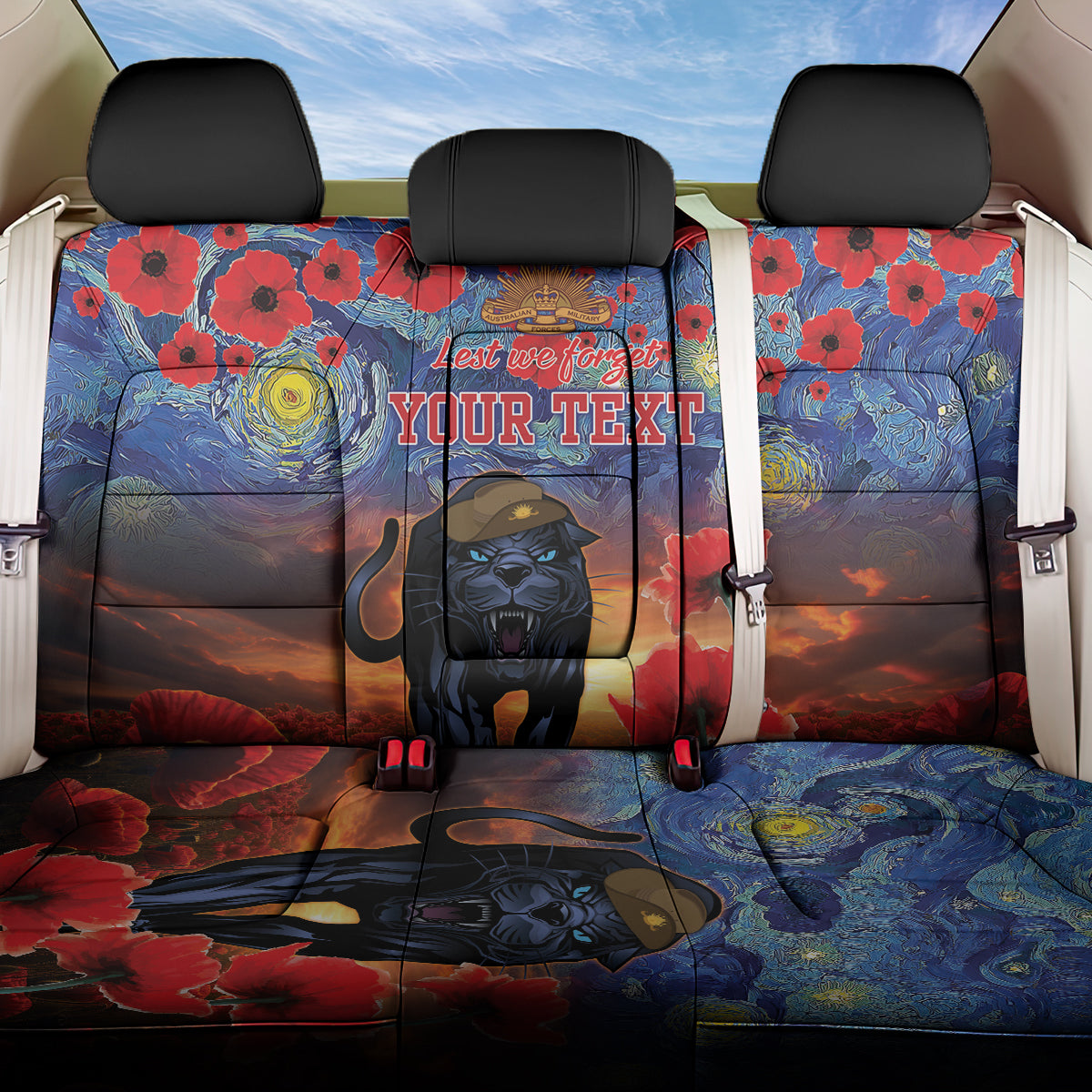 Personalised Panthers Rugby ANZAC Back Car Seat Cover Starry Night and Field of Poppies