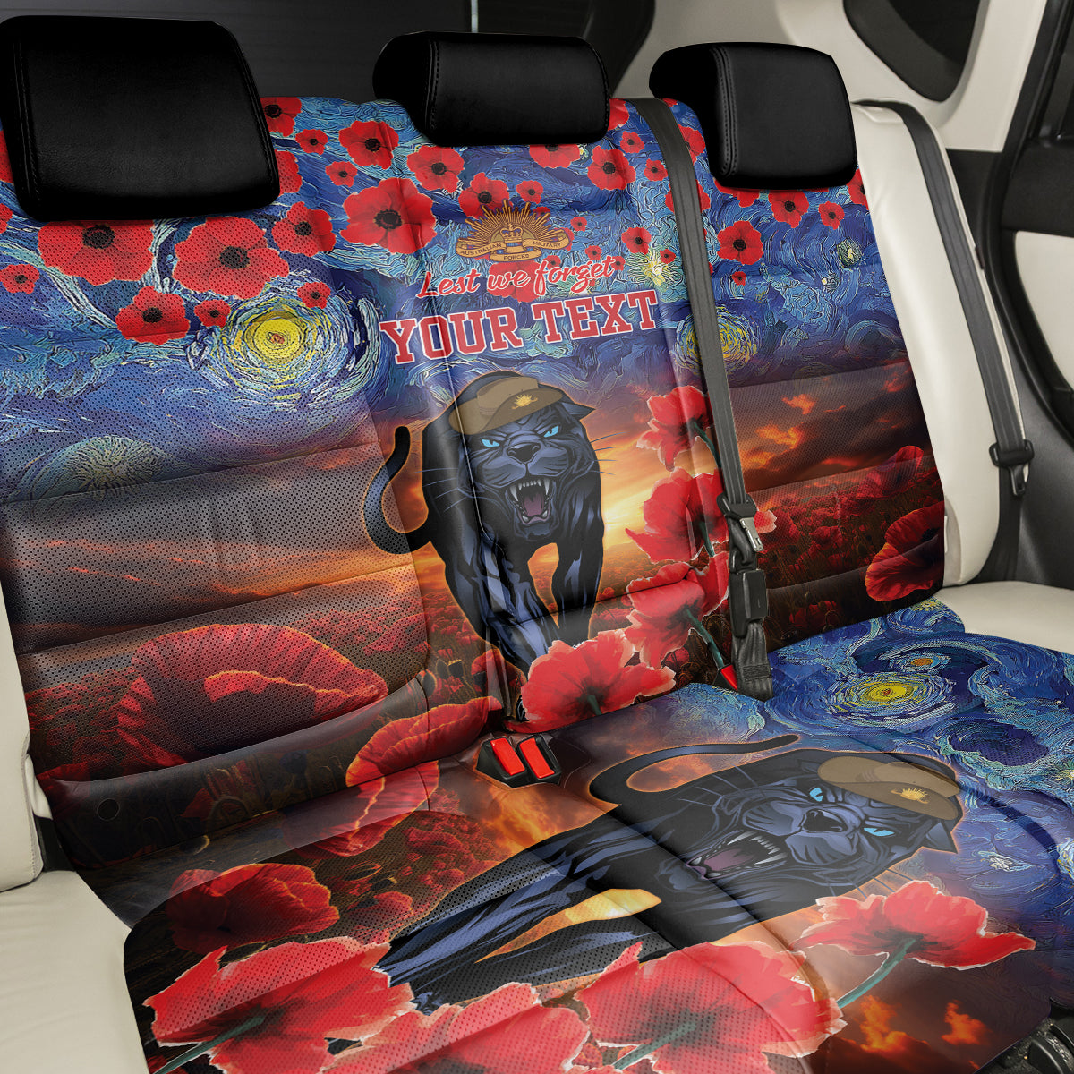 Personalised Panthers Rugby ANZAC Back Car Seat Cover Starry Night and Field of Poppies