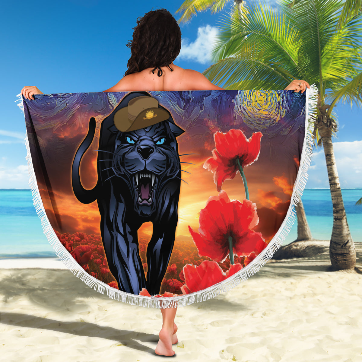 Personalised Panthers Rugby ANZAC Beach Blanket Starry Night and Field of Poppies