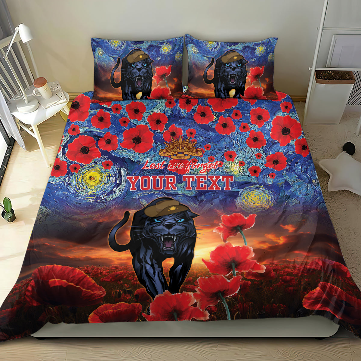 Personalised Panthers Rugby ANZAC Bedding Set Starry Night and Field of Poppies