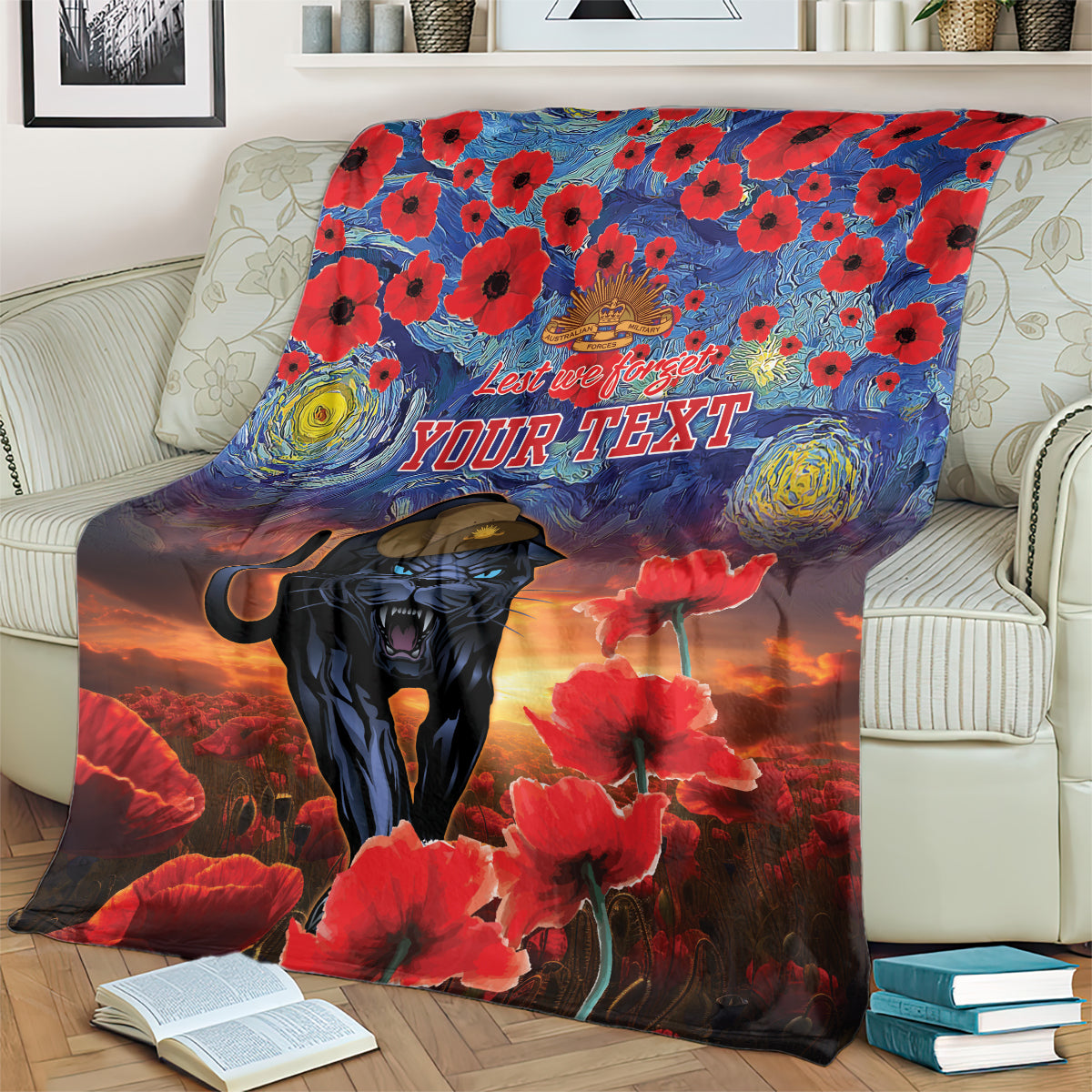 Personalised Panthers Rugby ANZAC Blanket Starry Night and Field of Poppies