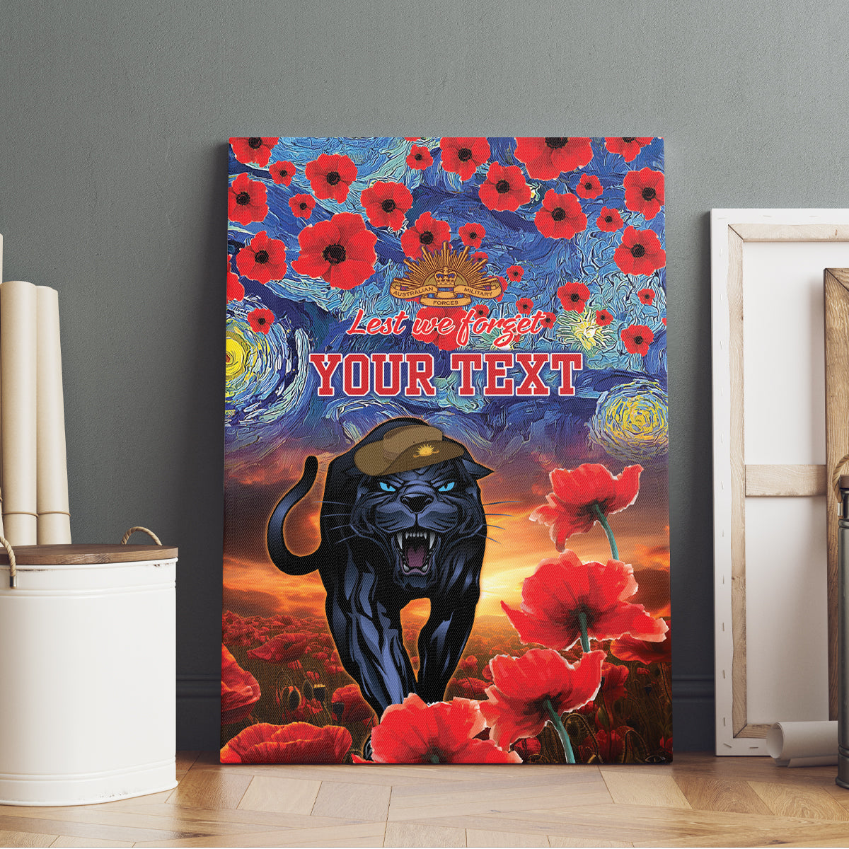 Personalised Panthers Rugby ANZAC Canvas Wall Art Starry Night and Field of Poppies