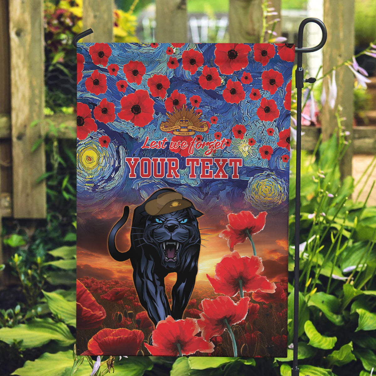 Personalised Panthers Rugby ANZAC Garden Flag Starry Night and Field of Poppies