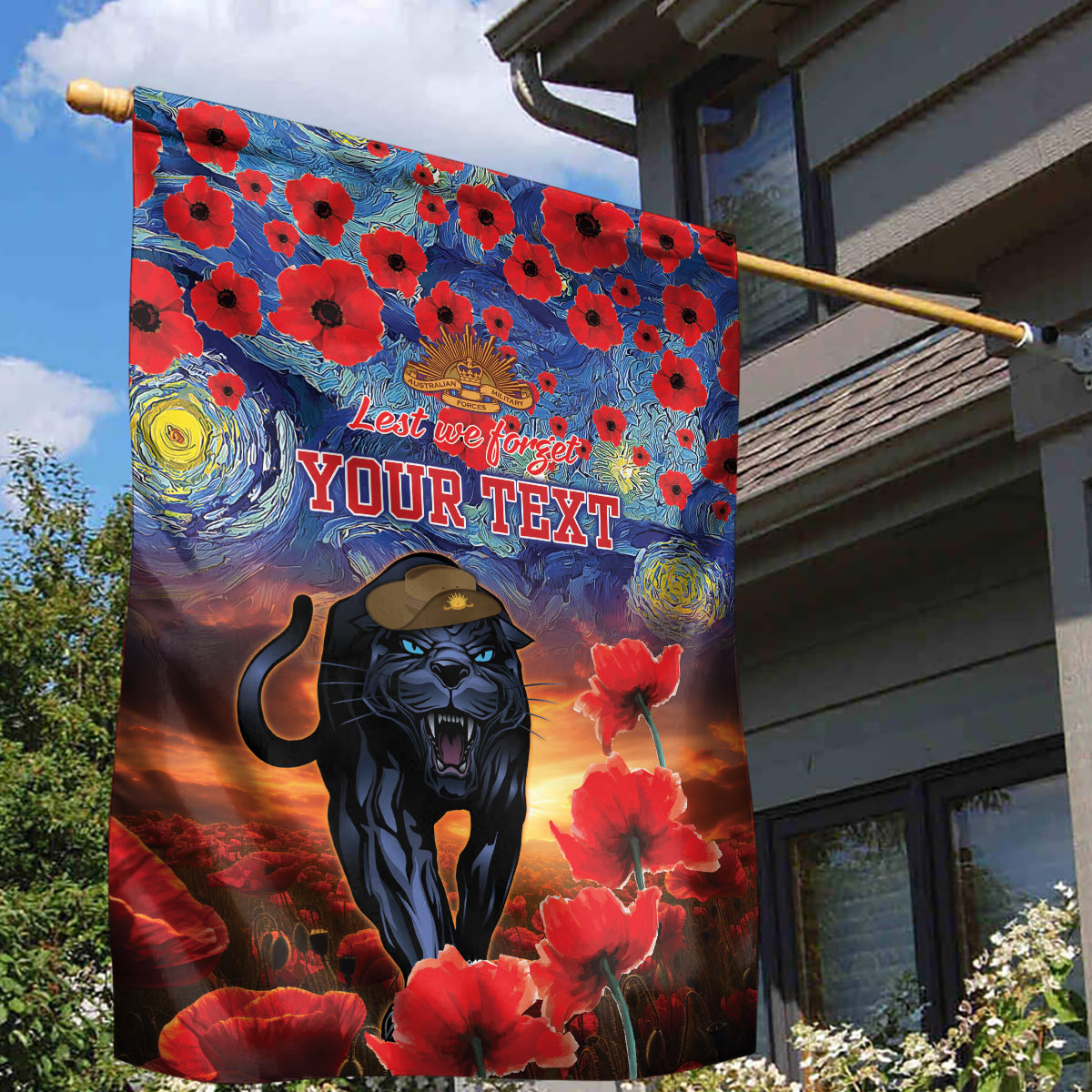 Personalised Panthers Rugby ANZAC Garden Flag Starry Night and Field of Poppies