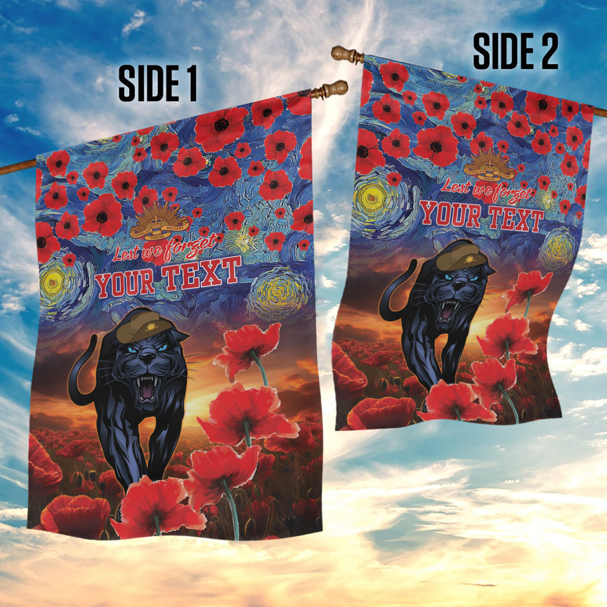 Personalised Panthers Rugby ANZAC Garden Flag Starry Night and Field of Poppies