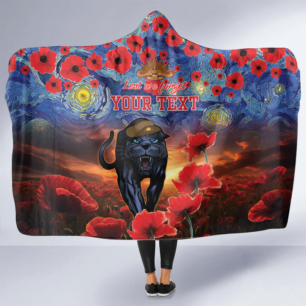 Personalised Panthers Rugby ANZAC Hooded Blanket Starry Night and Field of Poppies