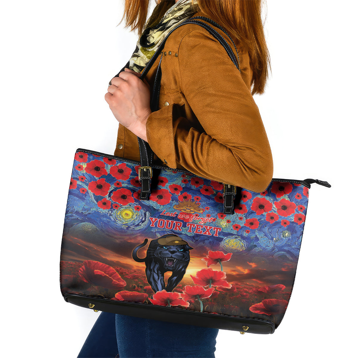 Personalised Panthers Rugby ANZAC Leather Tote Bag Starry Night and Field of Poppies