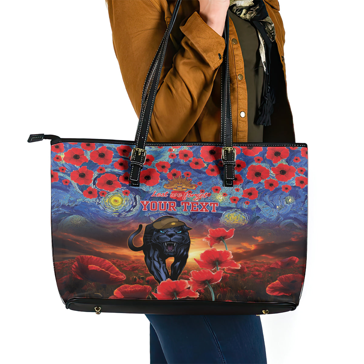 Personalised Panthers Rugby ANZAC Leather Tote Bag Starry Night and Field of Poppies