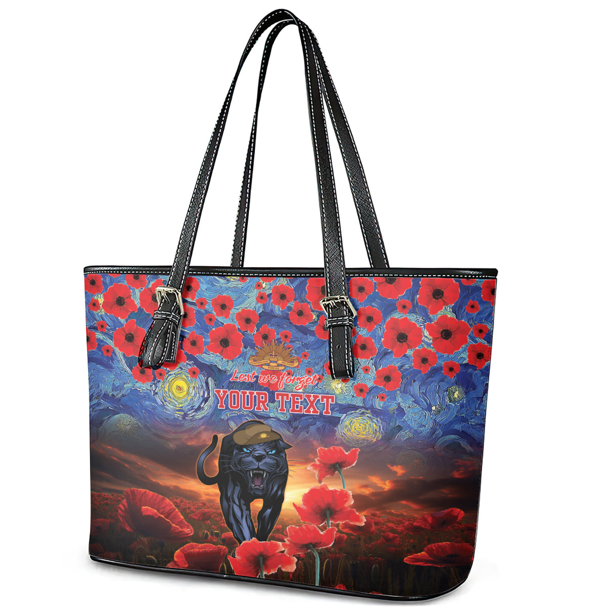 Personalised Panthers Rugby ANZAC Leather Tote Bag Starry Night and Field of Poppies