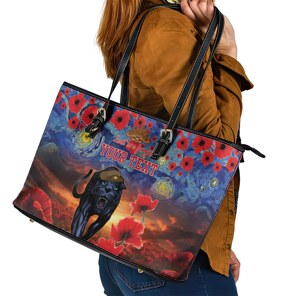 Personalised Panthers Rugby ANZAC Leather Tote Bag Starry Night and Field of Poppies